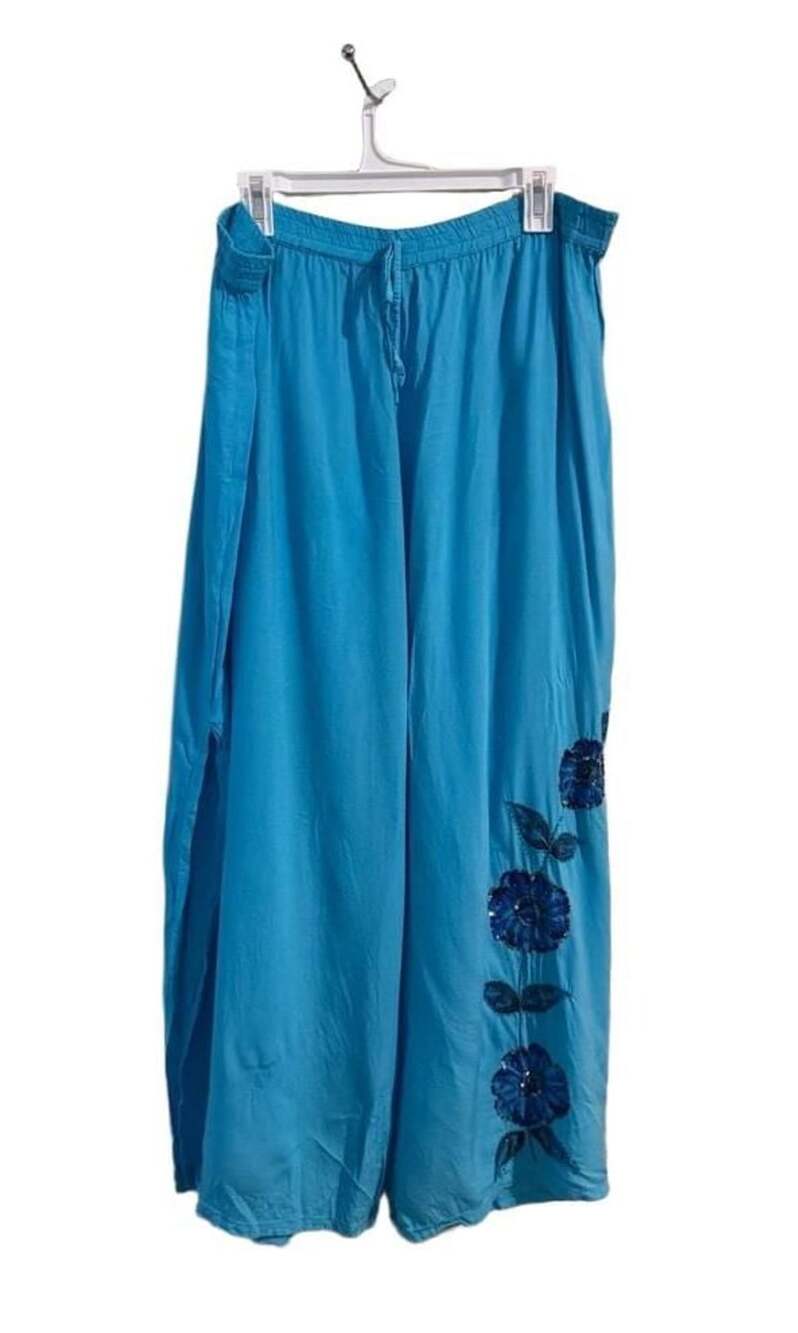 baRocco Palazzo Pants Size 06-200 Blue Viscose Floral Embellished
